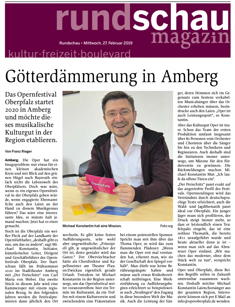 Opernfestival Oberpfalz, Interview im Rundschau Magazin zur Saison 2020 in Amberg